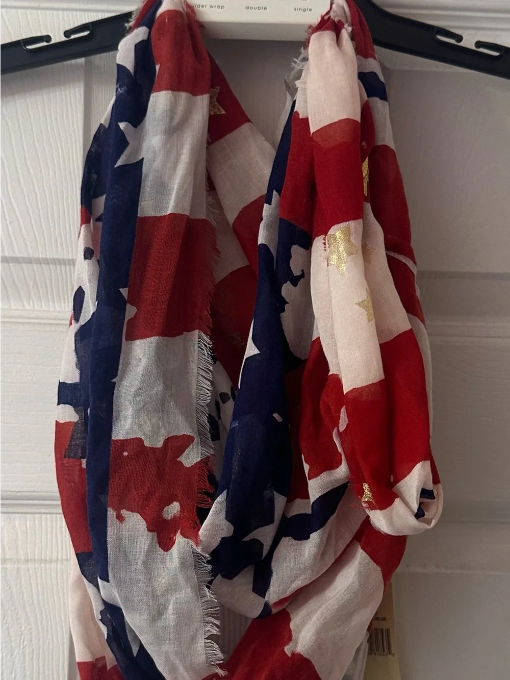 Collection Eighteen Patriotic Infinity Loop Scarf Red White Blue Gold Stars NWT